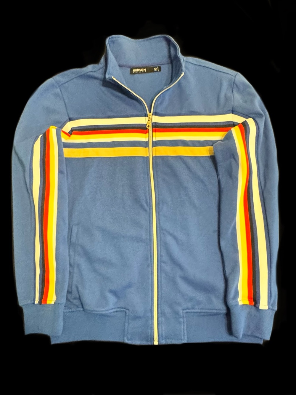 Hudson Outerwear retro Men’s Blue Zip-Front Track Sweater Multicolor Stripes